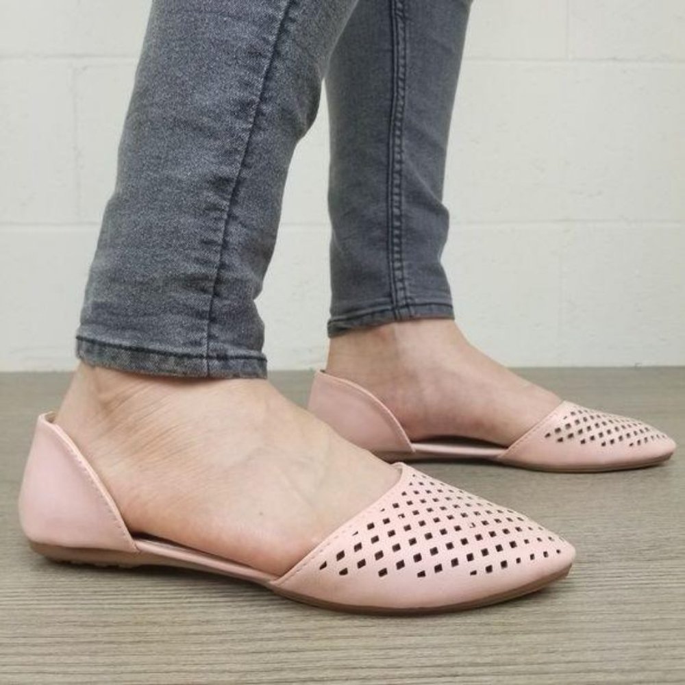 Pointed Toe Perforated Faux Leather Pink Flats - Picture 4 of 8
